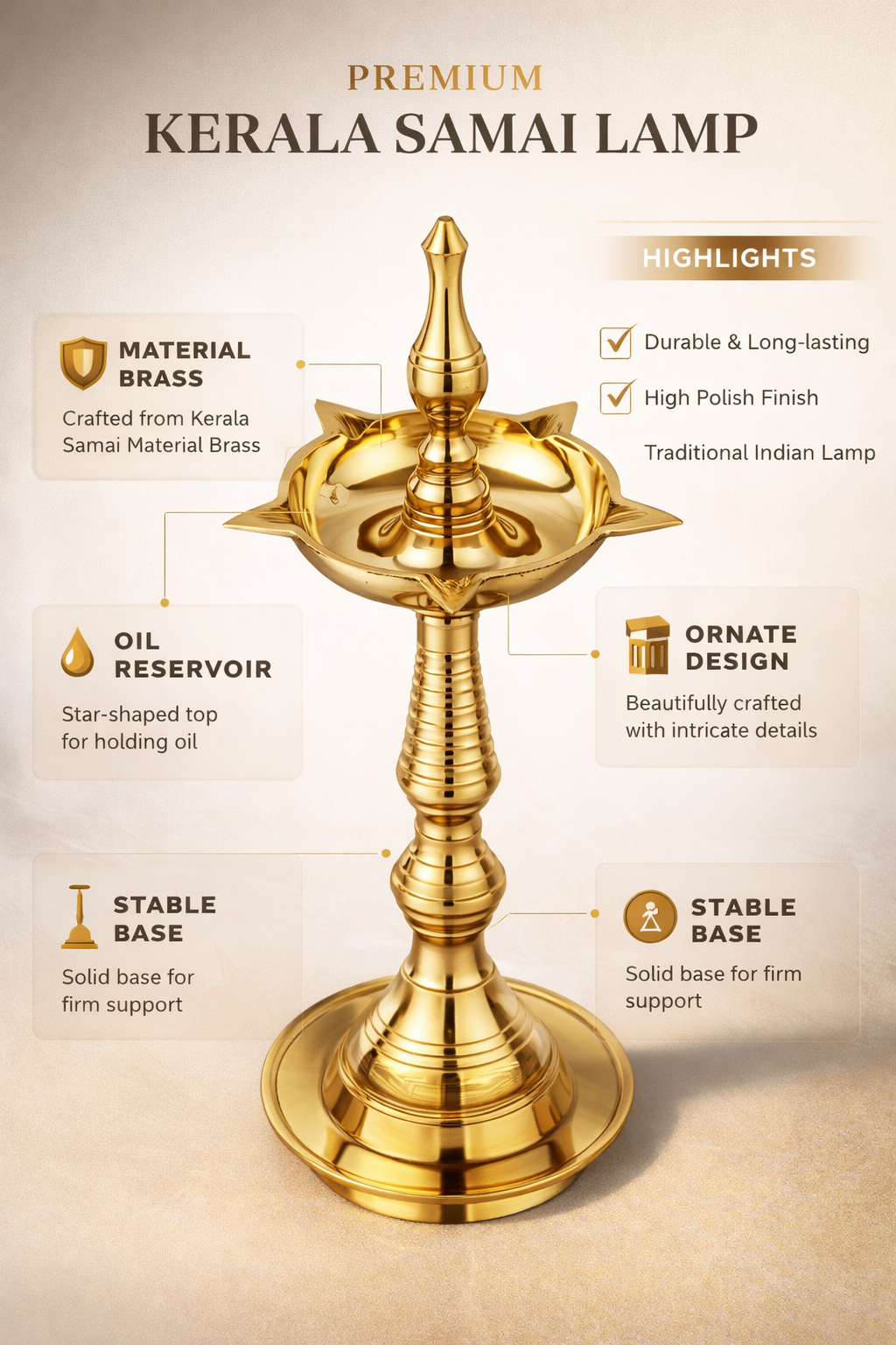 PeetalKraft Premium Kerala Samai Brass Oil Lamp | Traditional South Indian Diya | Pooja Deepak | Home Temple Decor | Height- 12cm | 100g