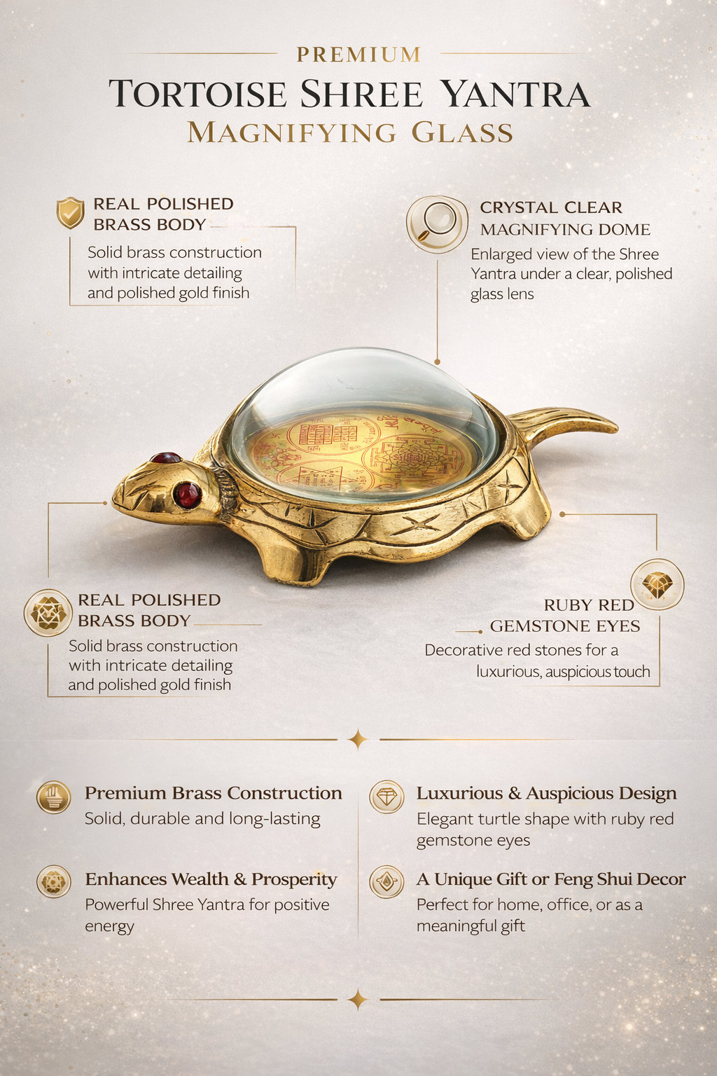 PeetalKraft Brass Shri Yantra Tortoise | Vastu Feng Shui Lucky Turtle with Sacred Shri Yantra | Wealth, Prosperity & Positive Energy (7cm, 110g)