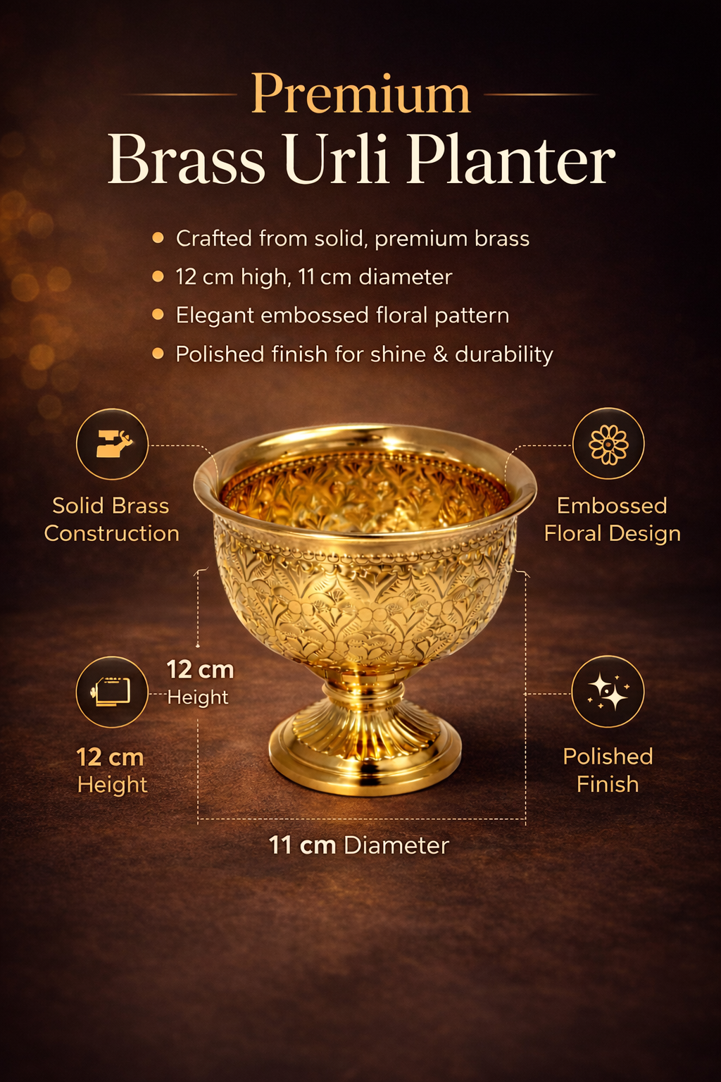 PeetalKraft Premium Brass Urli planter for Home Temple, Floating Flowers, Pooja Décor & Festive Decoration, 12cm 11cm Diwali, Wedding & Housewarming Gift