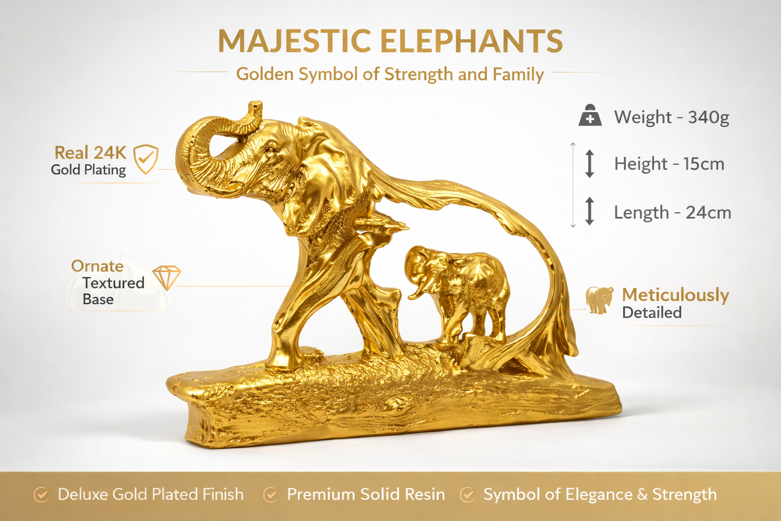 PeetalKraft Resin Wall Elephant Hanging for Home Decor and Vastu, Size 24x4x15 cm, Weight 340 Grams