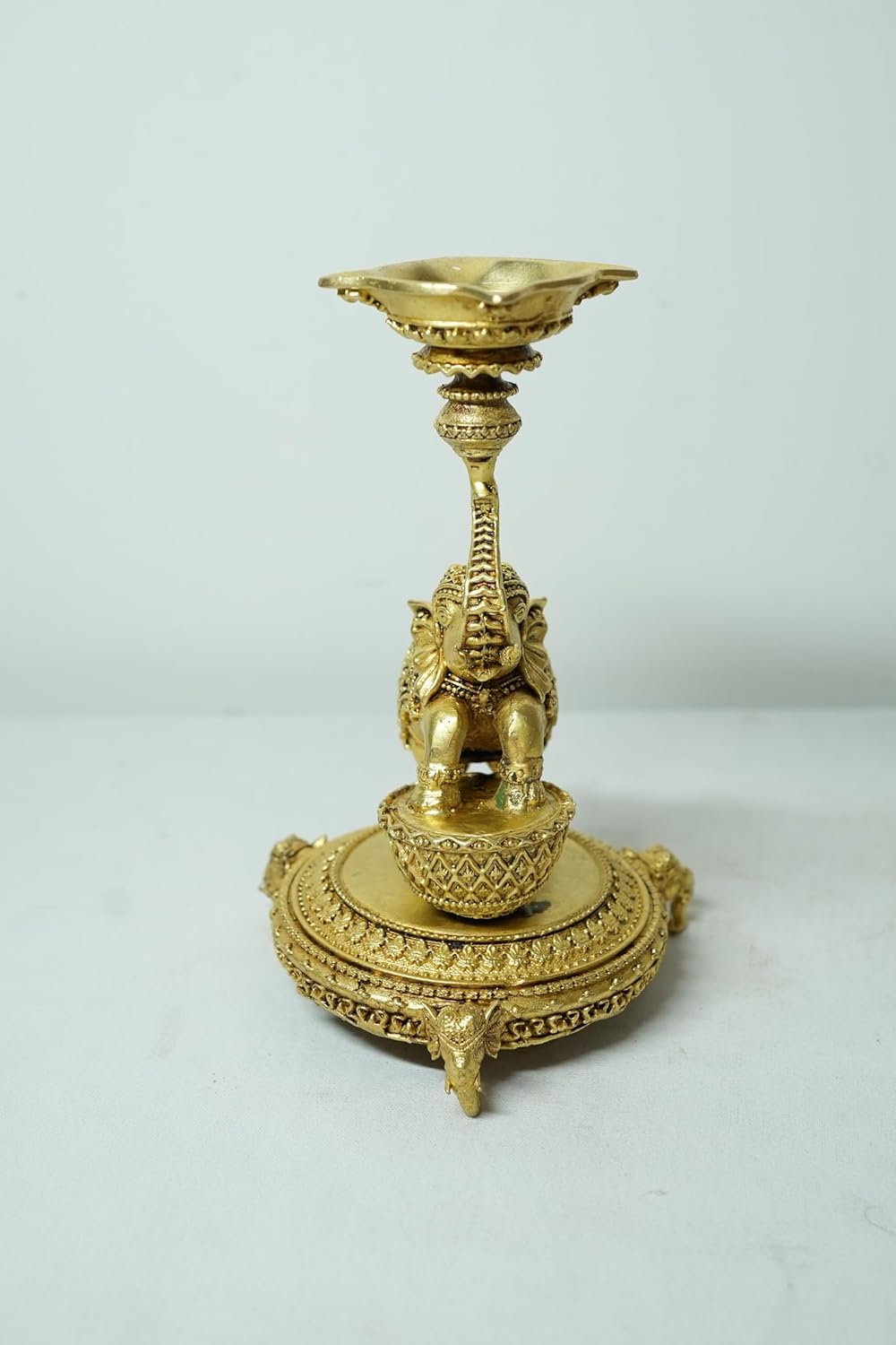 PeetalKraft Brass Elephant Diya Stand, Antique Gold, Handcrafted, 14 cm Height, Pooja Oil Lamp for Home Temple Decor | Weight-320g
