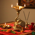 PeetalKraft Brass Elephant Diya Stand, Antique Gold, Handcrafted, 14 cm Height, Pooja Oil Lamp for Home Temple Decor | Weight-320g