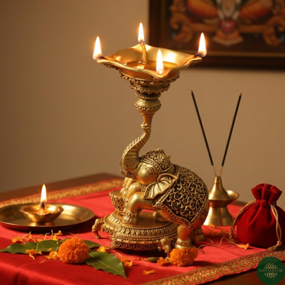 PeetalKraft Brass Elephant Diya Stand, Antique Gold, Handcrafted, 14 cm Height, Pooja Oil Lamp for Home Temple Decor | Weight-320g