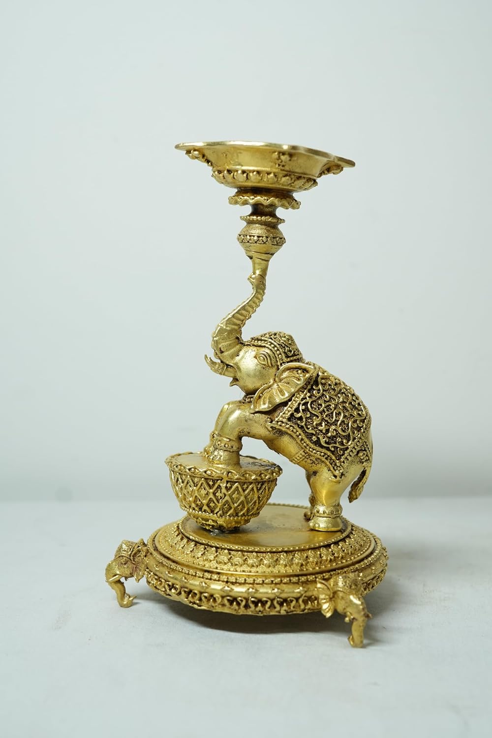 PeetalKraft Brass Elephant Diya Stand, Antique Gold, Handcrafted, 14 cm Height, Pooja Oil Lamp for Home Temple Decor | Weight-320g