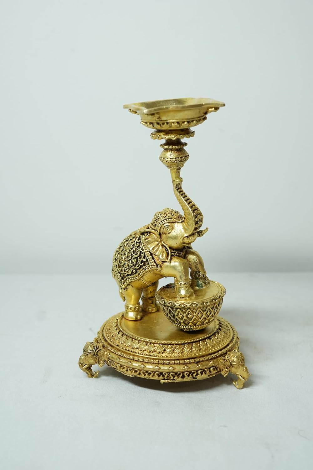 PeetalKraft Brass Elephant Diya Stand, Antique Gold, Handcrafted, 14 cm Height, Pooja Oil Lamp for Home Temple Decor | Weight-320g