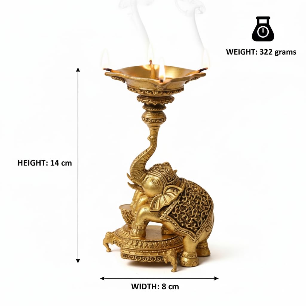 PeetalKraft Brass Elephant Diya Stand, Antique Gold, Handcrafted, 14 cm Height, Pooja Oil Lamp for Home Temple Decor | Weight-320g