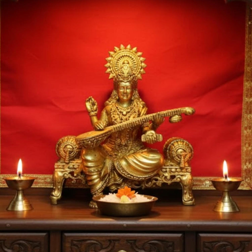 PeetalKraft Handcrafted Brass Goddess Saraswati Statue | Best for Office, Educatinal Place Home, Temple |Bring Positivity | Size 9x4x10 cm, Weight 275 Grams