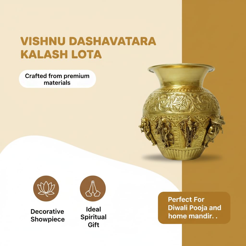 PeetalKraft Vishnu Dashavatara Kalash Ten Avatars Lota For Diwali Pooja Size Height-16 Cm Weight 750 Grams