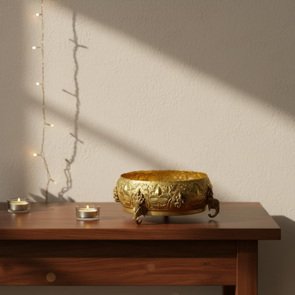 PeetalKraft Premium Brass Ashtalakshmi Urli for Home Decor, Pooja & Floating Flowers, 25 cm Dia, 10 cm Height, Housewarming Diwali Wedding Gift