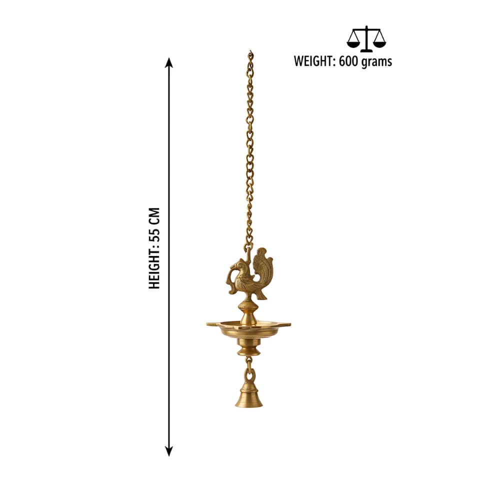 PeetalKraft Handmade Ethnic Peacock 5 Wick Brass Hanging Diya For Decor Size 9X9X54 Cm Weight 600 Grams