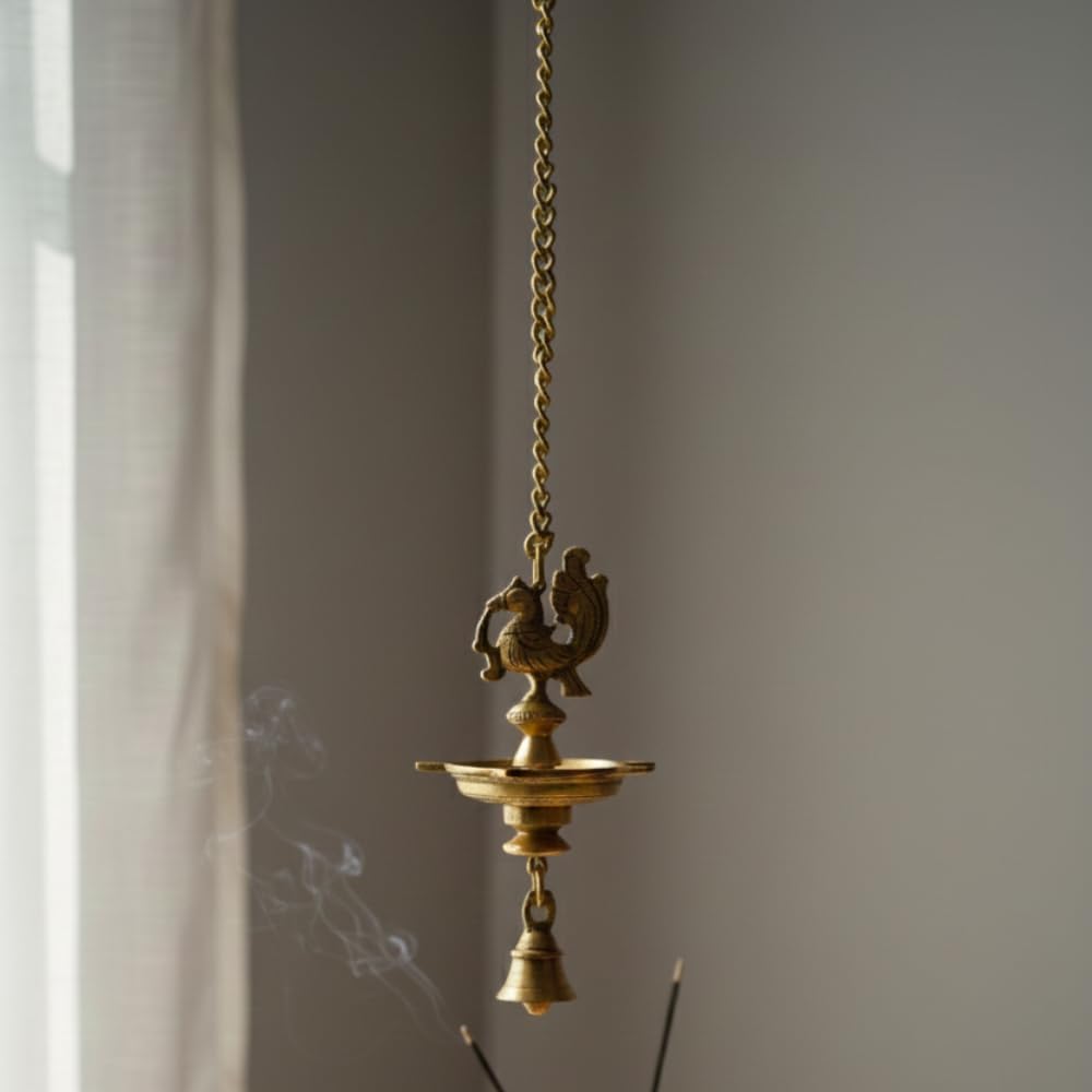 PeetalKraft Handmade Ethnic Peacock 5 Wick Brass Hanging Diya For Decor Size 9X9X54 Cm Weight 600 Grams