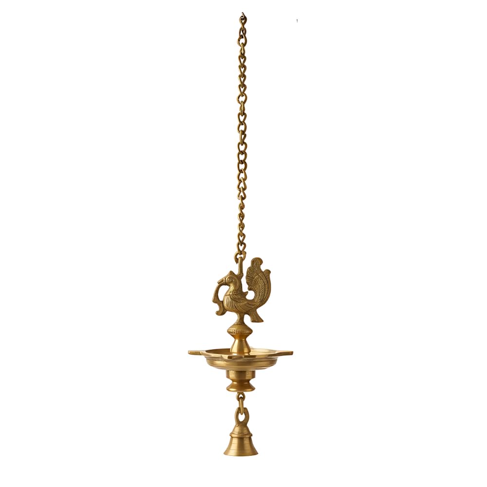 PeetalKraft Handmade Ethnic Peacock 5 Wick Brass Hanging Diya For Decor Size 9X9X54 Cm Weight 600 Grams