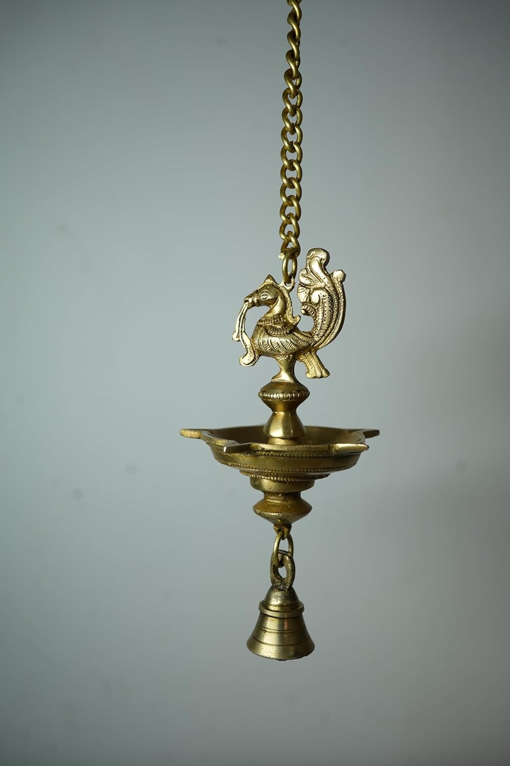 PeetalKraft Handmade Ethnic Peacock 5 Wick Brass Hanging Diya For Decor Size 9X9X54 Cm Weight 600 Grams
