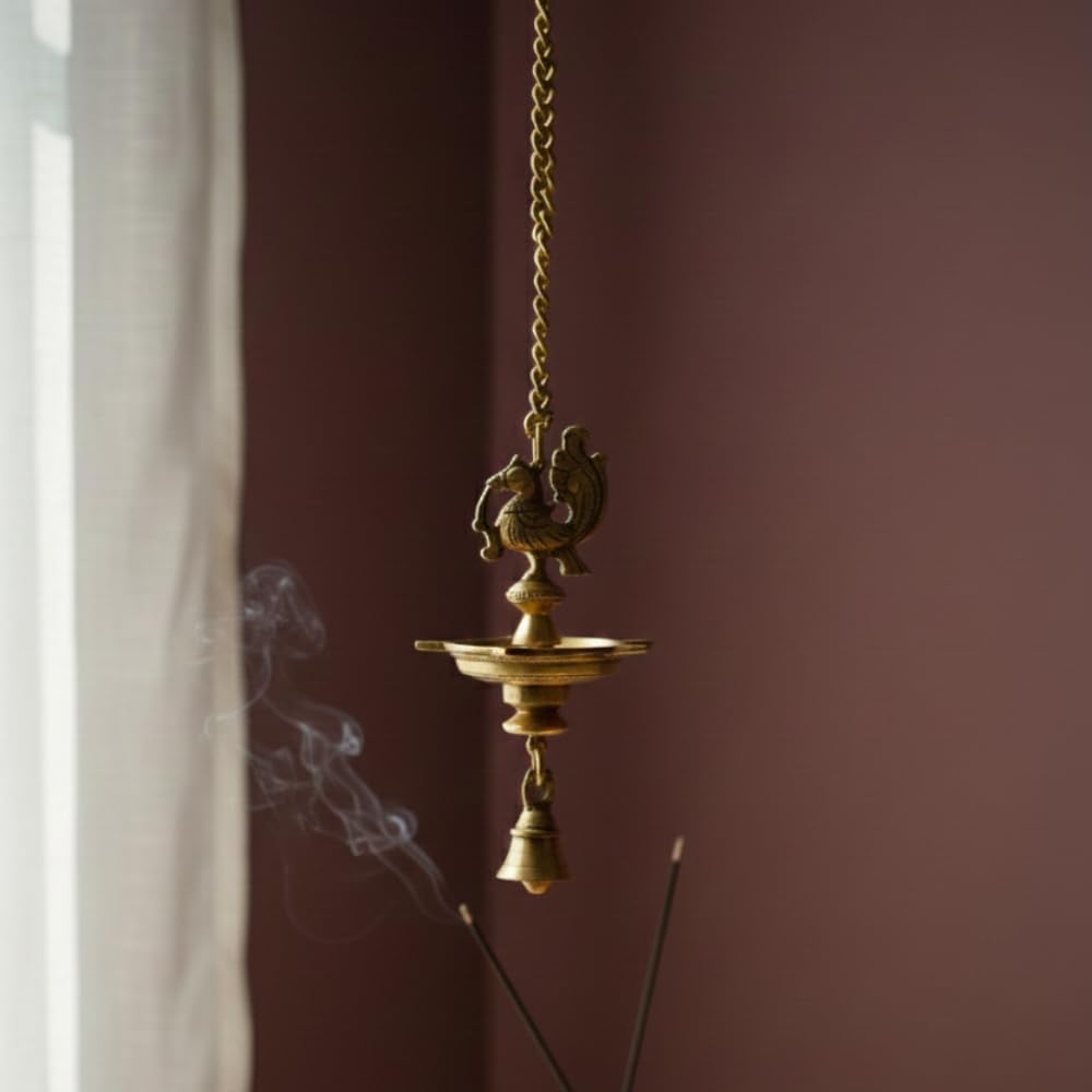 PeetalKraft Handmade Ethnic Peacock 5 Wick Brass Hanging Diya For Decor Size 9X9X54 Cm Weight 600 Grams