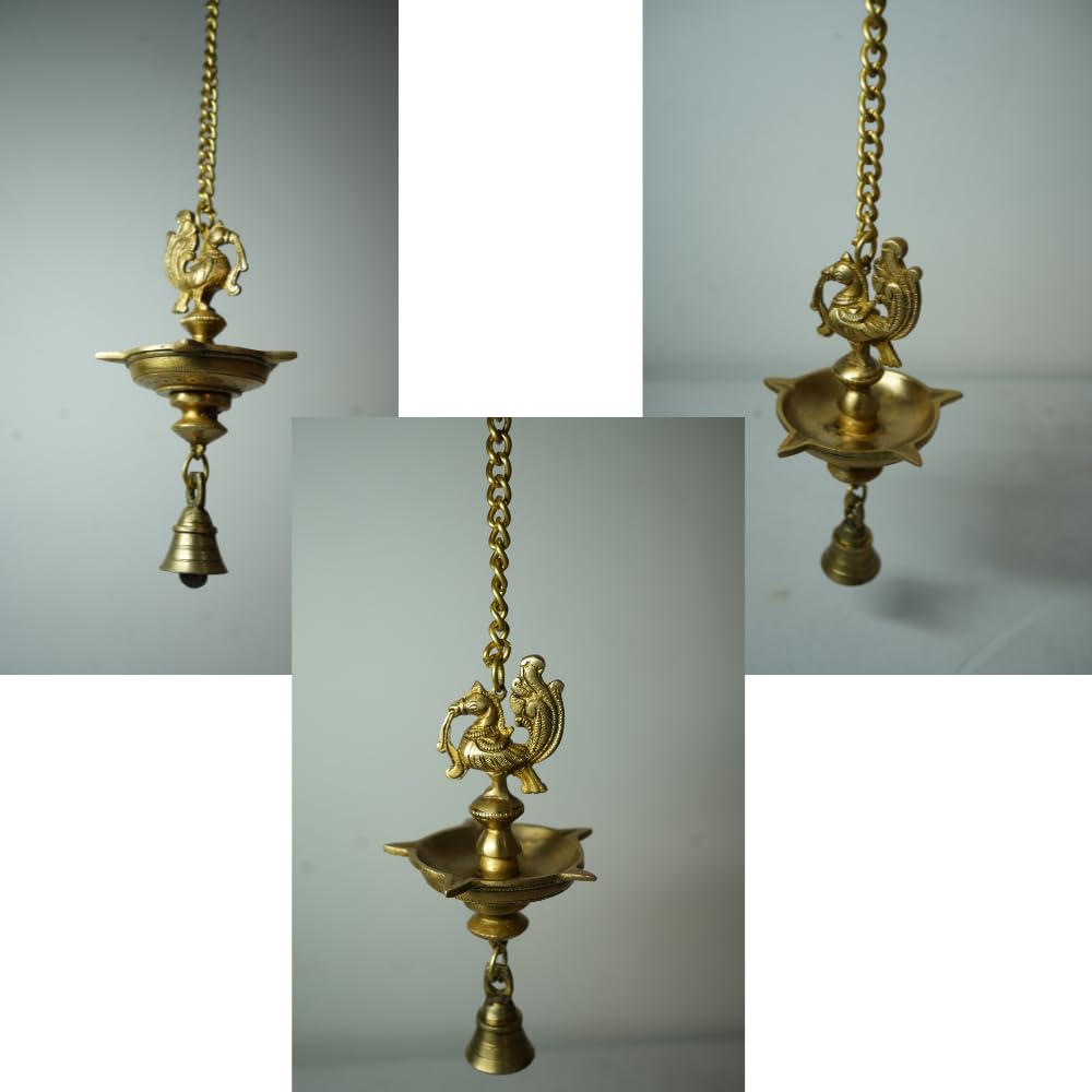 PeetalKraft Handmade Ethnic Peacock 5 Wick Brass Hanging Diya For Decor Size 9X9X54 Cm Weight 600 Grams
