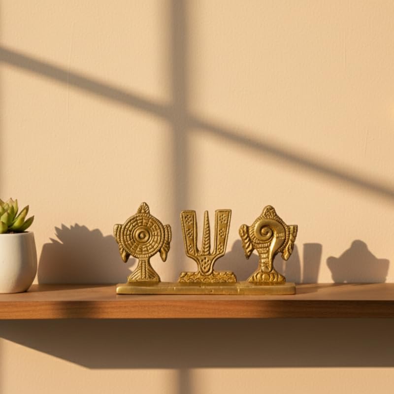 PeetalKraft Premium Brass Shankh Chakra Trishul Namaste Set, Golden, 5 cm x 10 cm, 150 g, for Pooja Mandir Décor