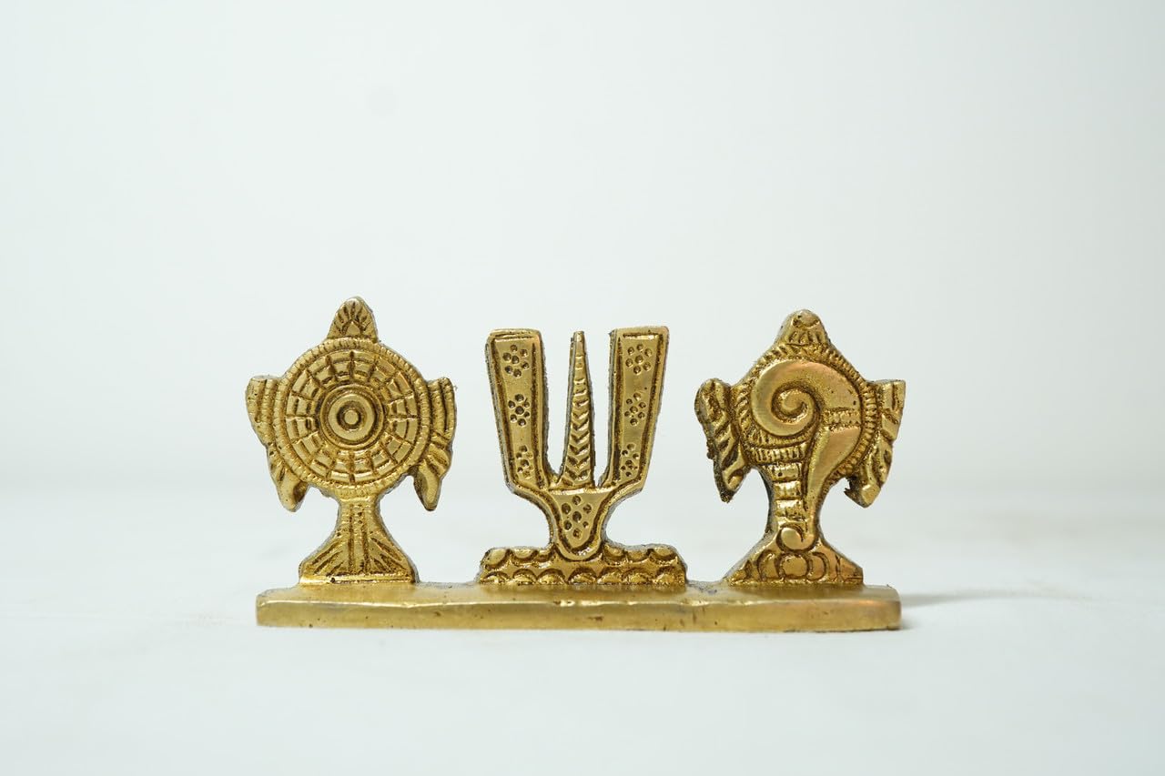 PeetalKraft Premium Brass Shankh Chakra Trishul Namaste Set, Golden, 5 cm x 10 cm, 150 g, for Pooja Mandir Décor