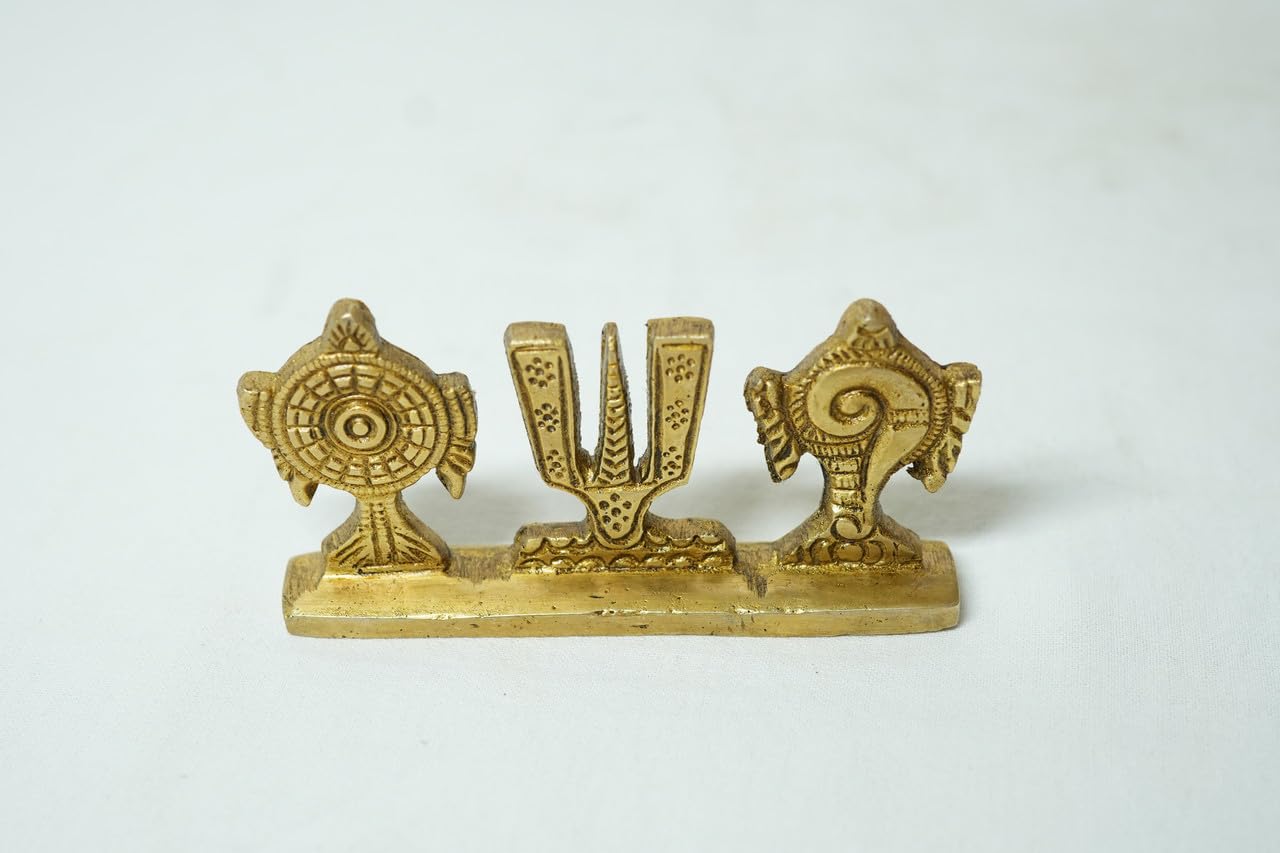 PeetalKraft Premium Brass Shankh Chakra Trishul Namaste Set, Golden, 5 cm x 10 cm, 150 g, for Pooja Mandir Décor