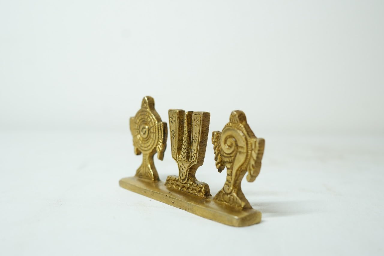 PeetalKraft Premium Brass Shankh Chakra Trishul Namaste Set, Golden, 5 cm x 10 cm, 150 g, for Pooja Mandir Décor