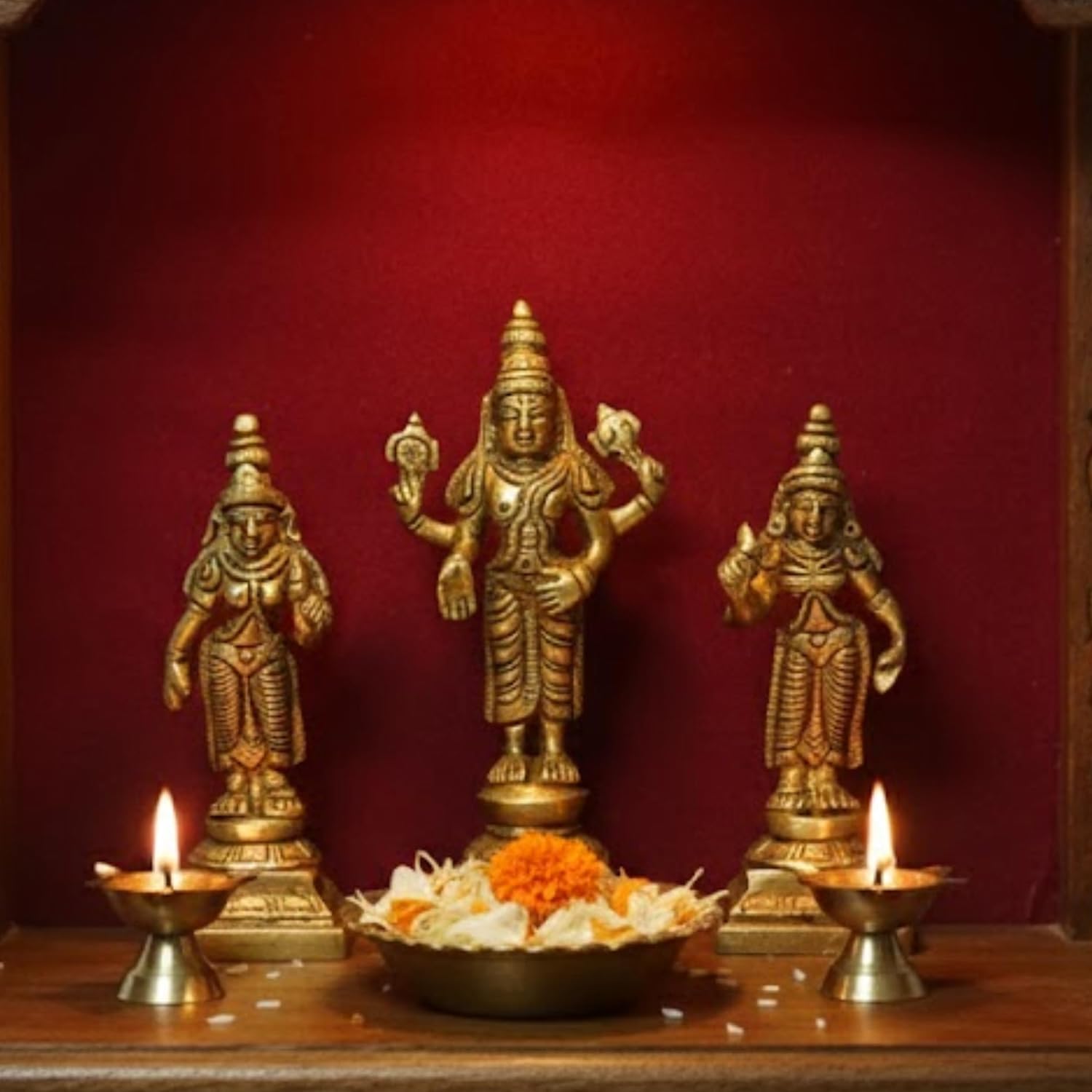 PeetalKraft Brass Shankh Chakra Namah Idol Set Antique Pack Of 3 Large Size 8X10X12 Cm Weight 520 Grams