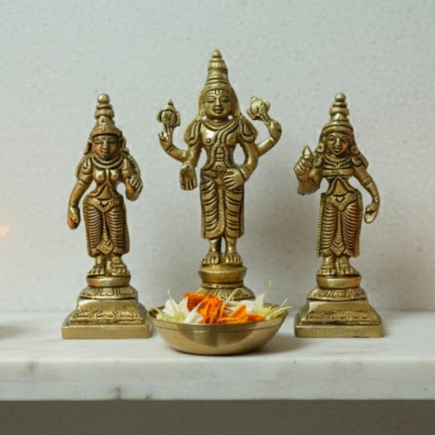 PeetalKraft Brass Shankh Chakra Namah Idol Set Antique Pack Of 3 Large Size 8X10X12 Cm Weight 520 Grams