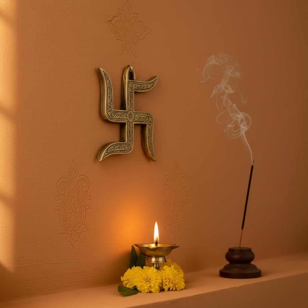 PeetalKraft Brass Swastik for Door Entrance Religious Vastu Symbol, Size 9x9x10 cm, Weight 235 Grams