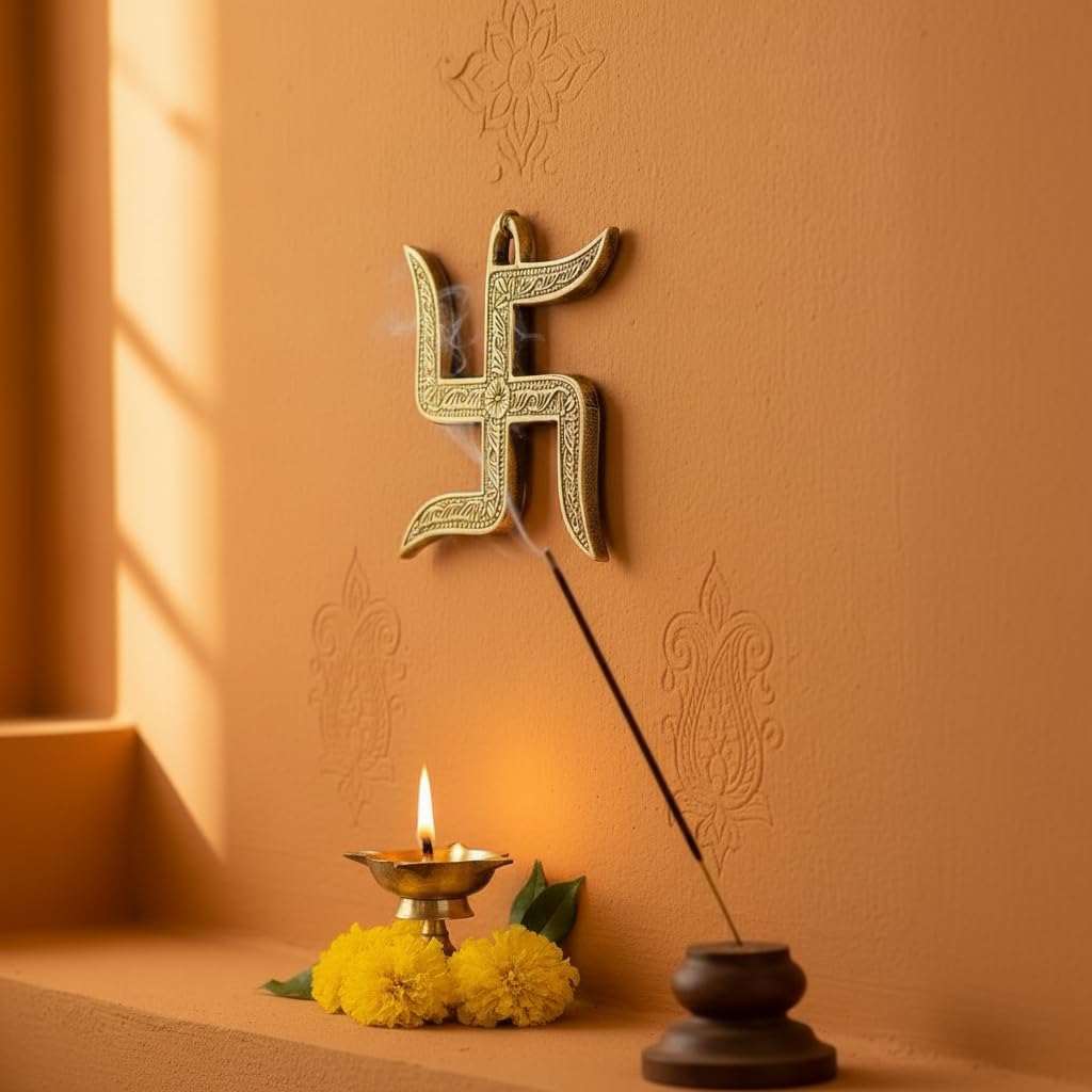 PeetalKraft Brass Swastik for Door Entrance Religious Vastu Symbol, Size 9x9x10 cm, Weight 235 Grams