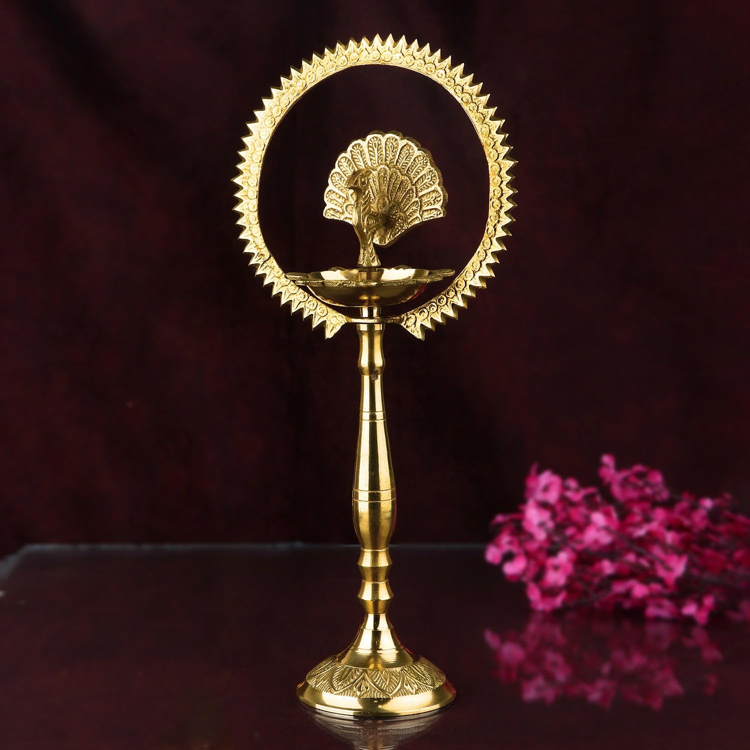 PeetalKraft Brass Peacock Diya Kerala Samai Kuthu Vilakku For Inaugurations Size 8X8X30 Cm Weight 380 Grams