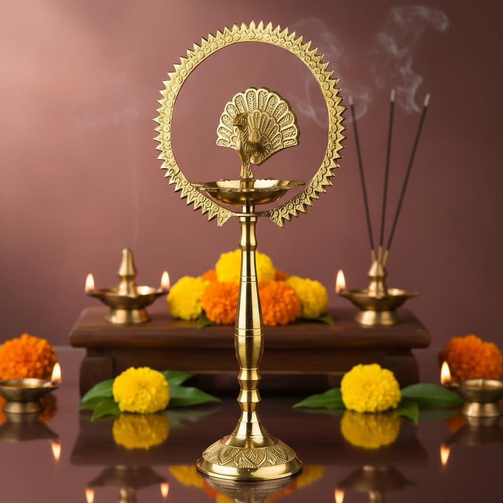 PeetalKraft Brass Peacock Diya Kerala Samai Kuthu Vilakku For Inaugurations Size 8X8X30 Cm Weight 380 Grams