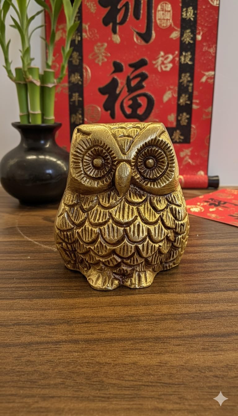 PeetalKraft Brass Owl Statue for Good Luck and West Zonal Vastu Placement, Size 5x6x4cm, Weight 170 Grams