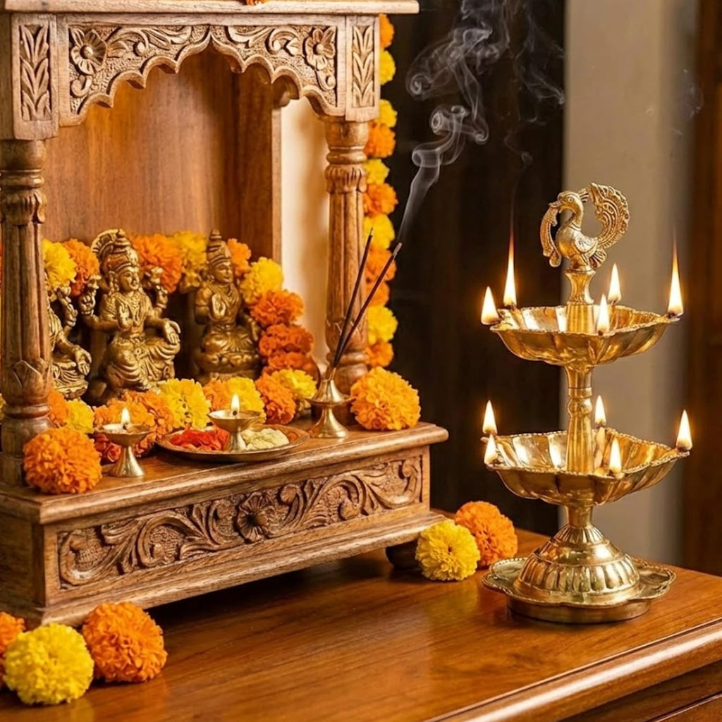 PeetalKraft Peacock 5 Wick Brass Oil Lamp For Home Mandir And Diwali Decor Size 8X8X16 Cm Weight 240 Grams