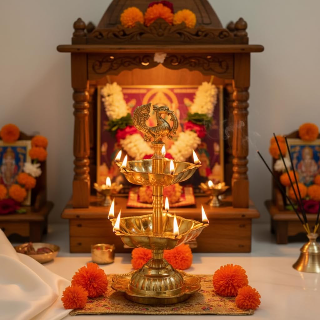 PeetalKraft Peacock 5 Wick Brass Oil Lamp For Home Mandir And Diwali Decor Size 8X8X16 Cm Weight 240 Grams