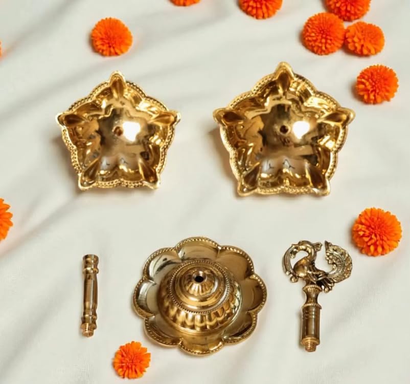 PeetalKraft Peacock 5 Wick Brass Oil Lamp For Home Mandir And Diwali Decor Size 8X8X16 Cm Weight 240 Grams