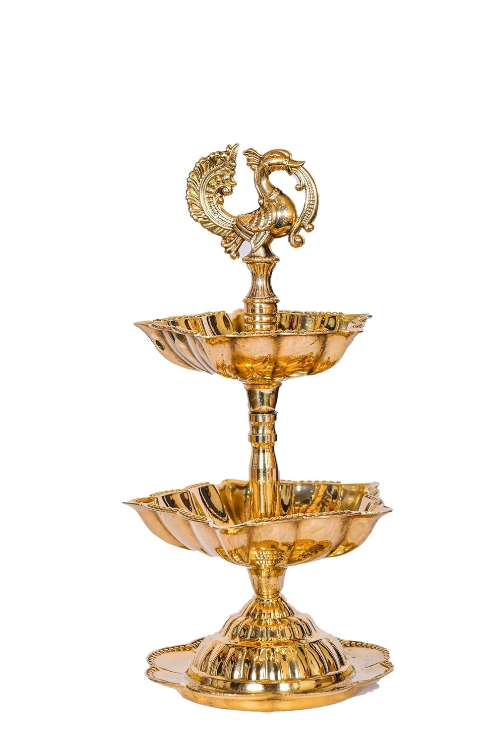 PeetalKraft Peacock 5 Wick Brass Oil Lamp For Home Mandir And Diwali Decor Size 8X8X16 Cm Weight 240 Grams