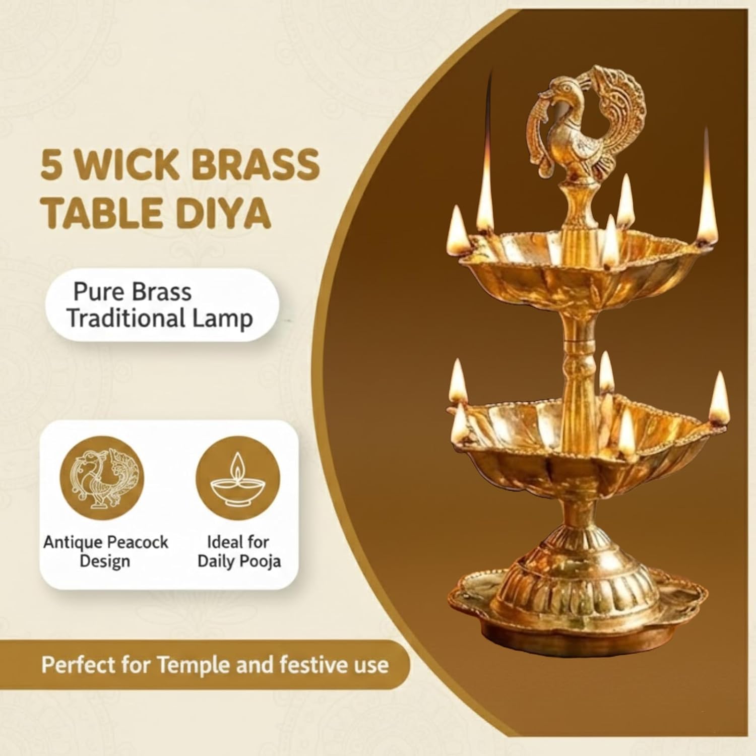 PeetalKraft Peacock 5 Wick Brass Oil Lamp For Home Mandir And Diwali Decor Size 8X8X16 Cm Weight 240 Grams