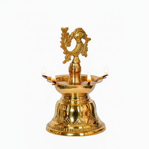PeetalKraft Brass Bell Shaped Peacock Diya 5 Wick For Home And Gifting Size 10X10X18 Cm Weight 300 Grams