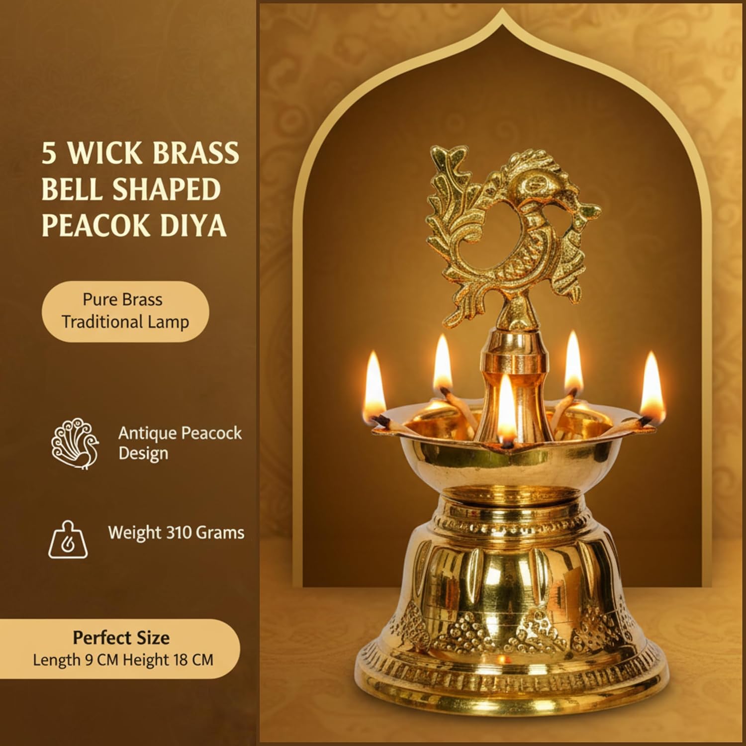 PeetalKraft Brass Bell Shaped Peacock Diya 5 Wick For Home And Gifting Size 10X10X18 Cm Weight 300 Grams