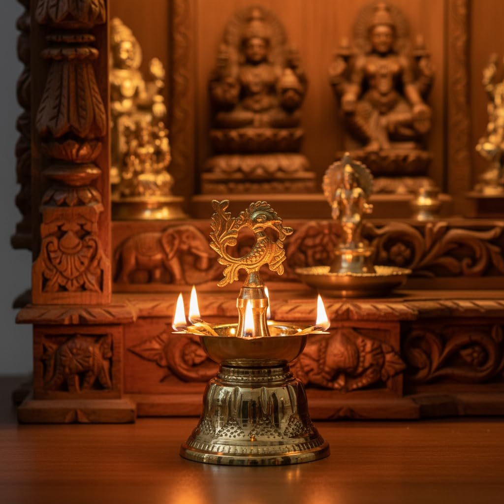 PeetalKraft Brass Bell Shaped Peacock Diya 5 Wick For Home And Gifting Size 10X10X18 Cm Weight 300 Grams