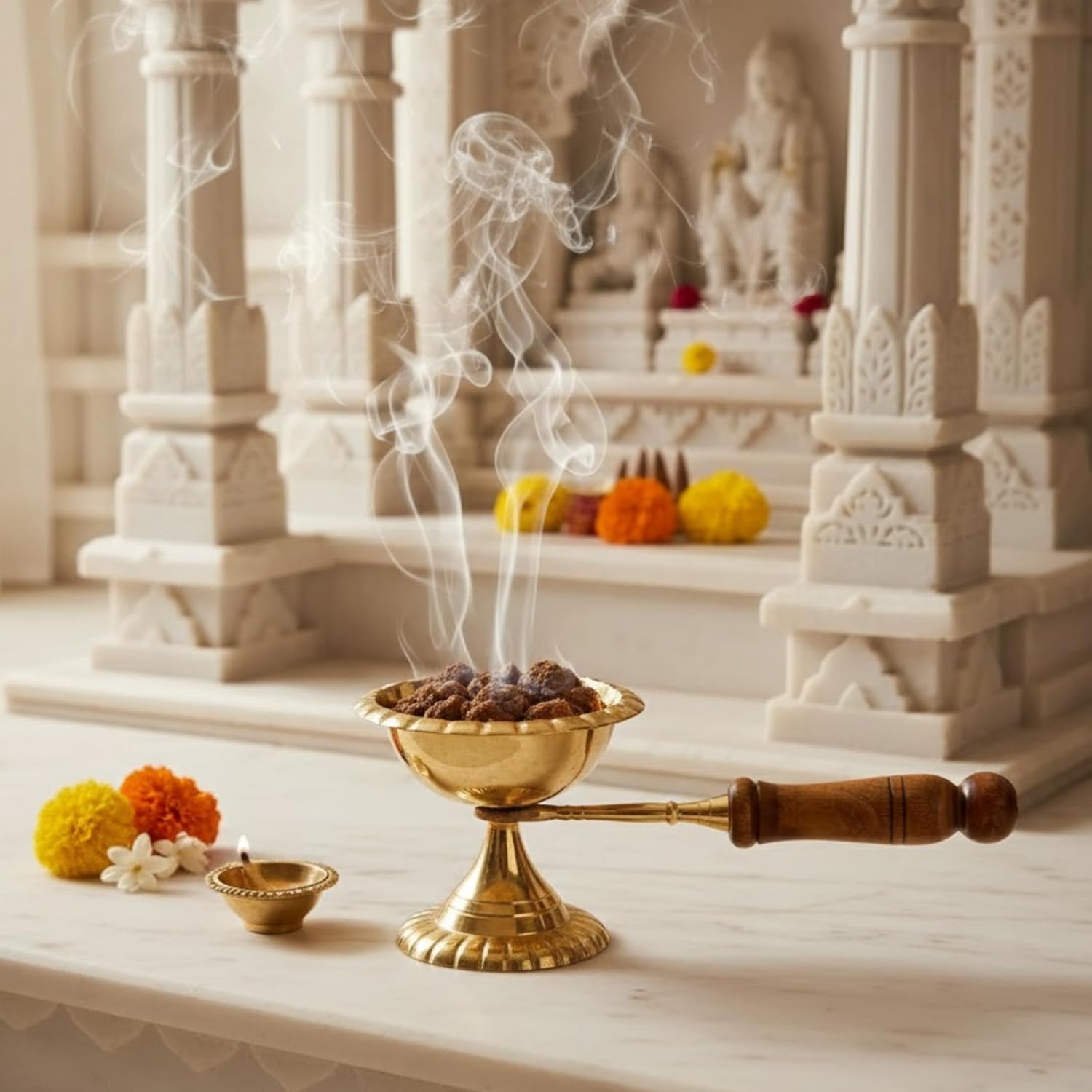 PeetalKraft Wooden Handle Brass Table Diya For Puja Aarti And Shop Size 21X5X9 Cm Weight 195 Grams