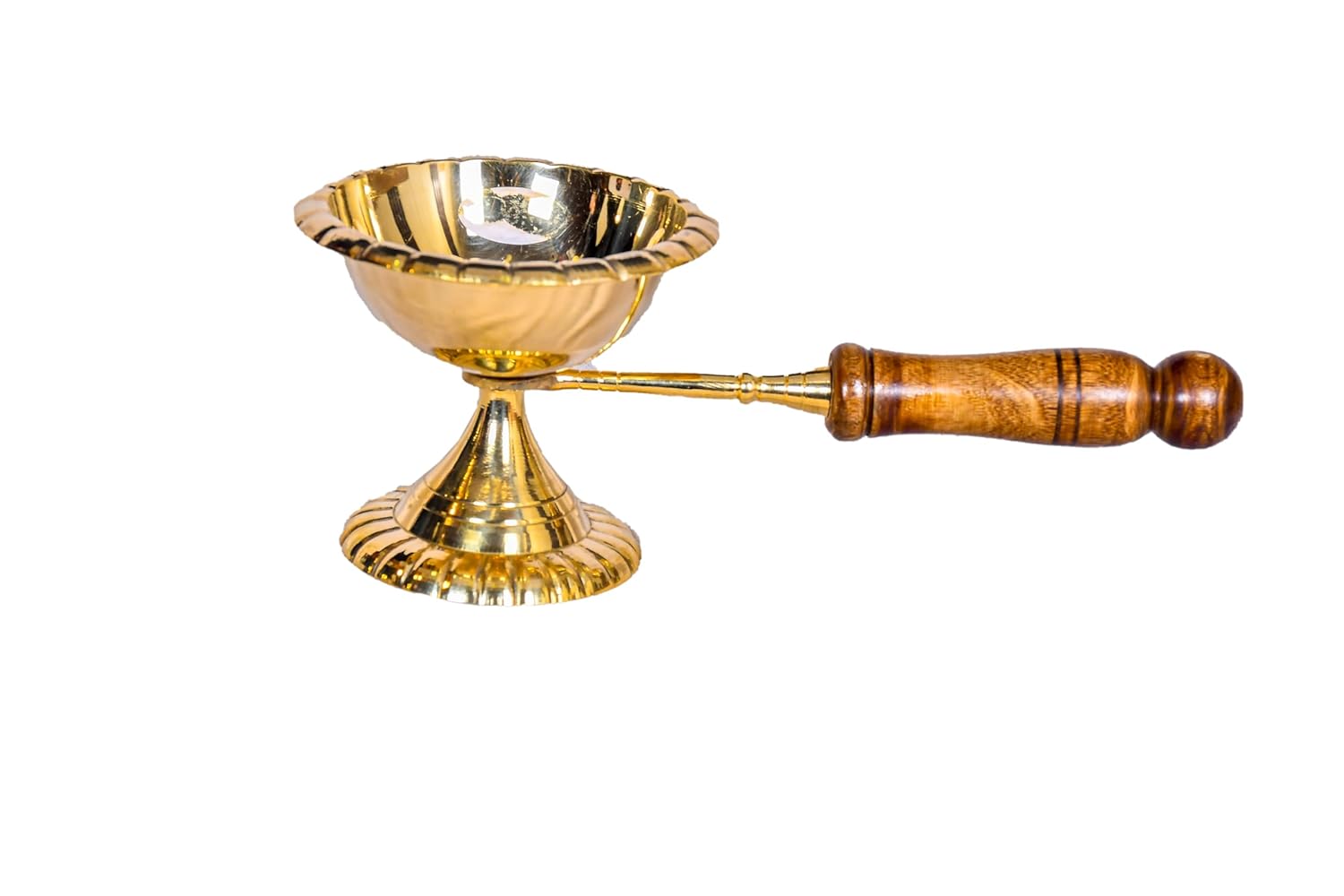PeetalKraft Wooden Handle Brass Table Diya For Puja Aarti And Shop Size 21X5X9 Cm Weight 195 Grams