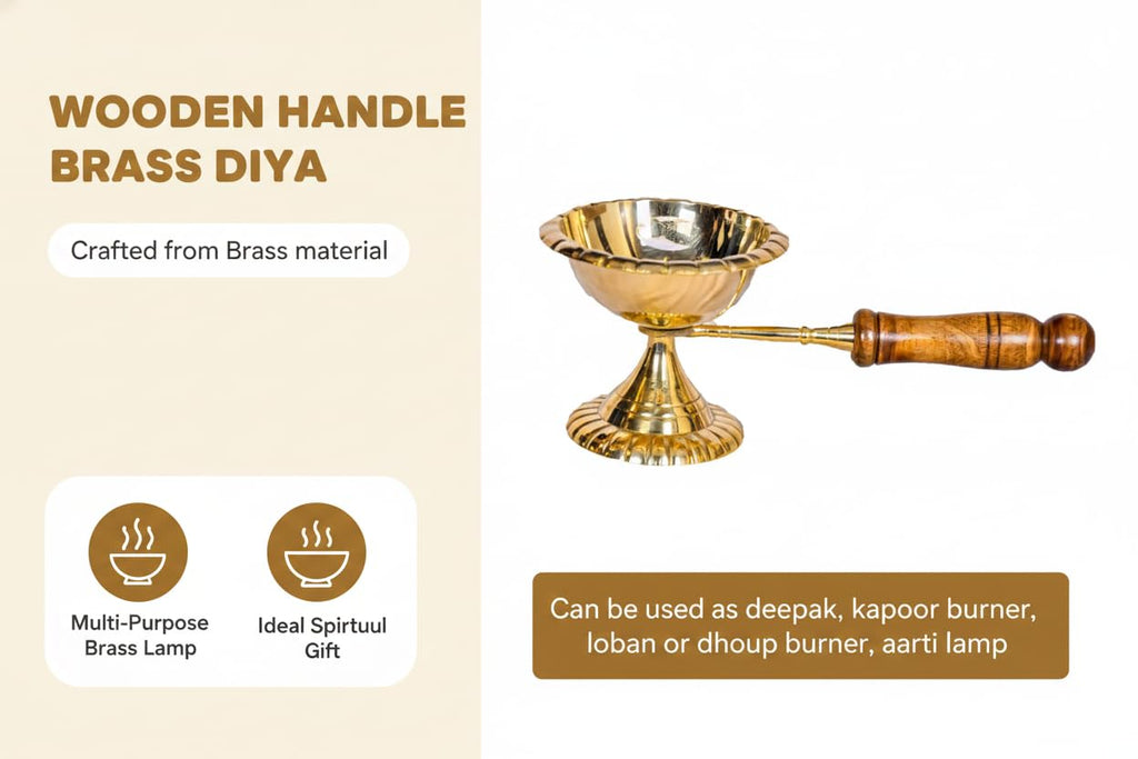 PeetalKraft Wooden Handle Brass Table Diya For Puja Aarti And Shop Size 21X5X9 Cm Weight 195 Grams