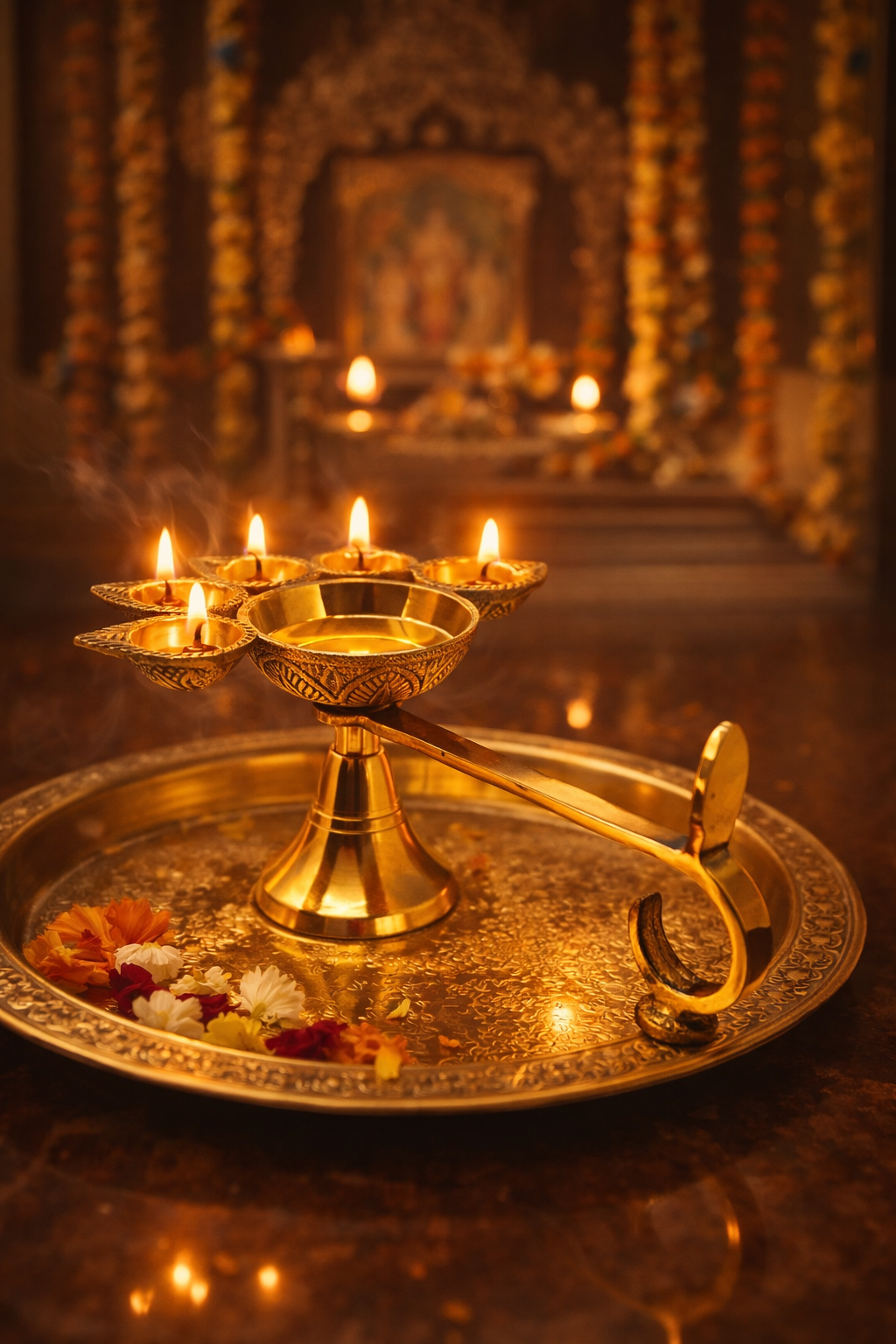 PeetalKraft Big Brass Panch Aarti Diya 5 Wick Handle Lamp For Puja Rituals Small