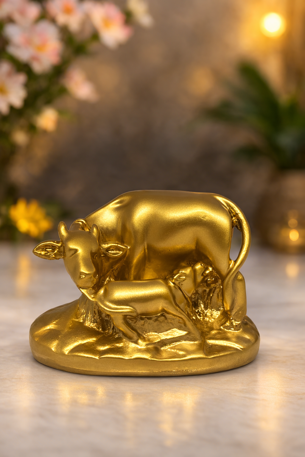 PeetalKraft Resin Cow and Calf Kamadhenu Statue for Prosperity, Size 13x3x8 cm, Weight 175 Grams