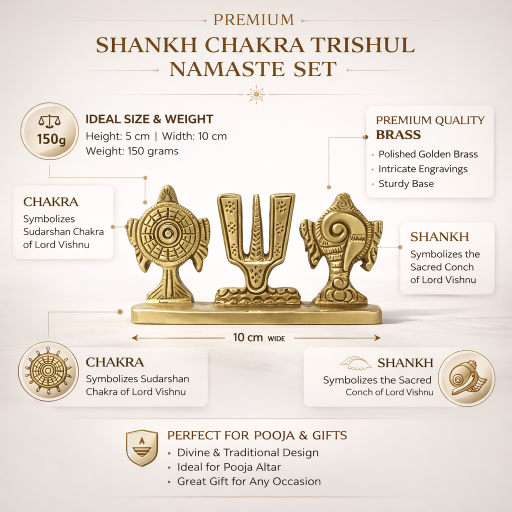 PeetalKraft Premium Brass Shankh Chakra Trishul Namaste Set, Golden, 5 cm x 10 cm, 150 g, for Pooja Mandir Décor