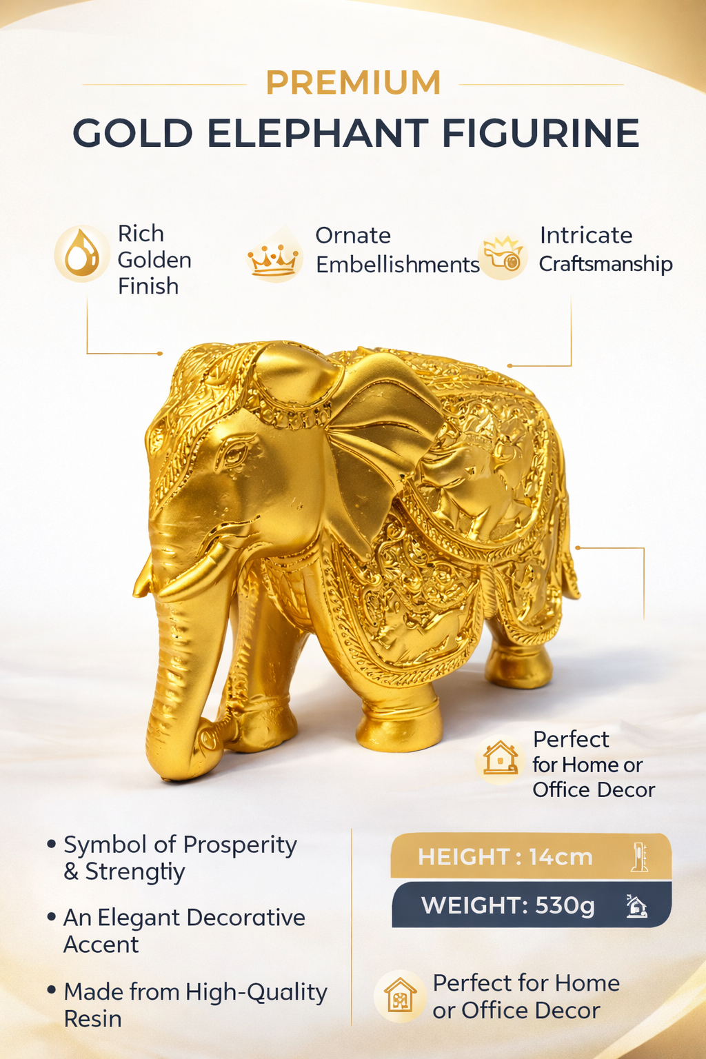 PeetalKraft Resin Shahi Elephant Decorative Showpiece for Royal Decor, Size 8x4x14 cm, Weight 530 Grams