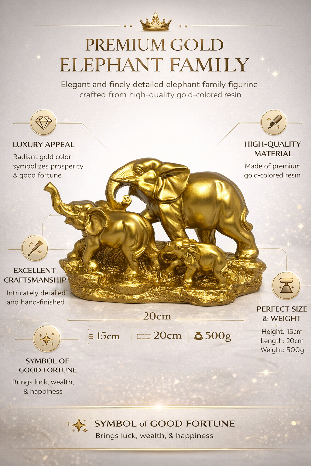 PeetalKraft Resin Elephant Family Showpiece for Bond and Stability, Size 20x4x15 cm, Weight 500 Grams