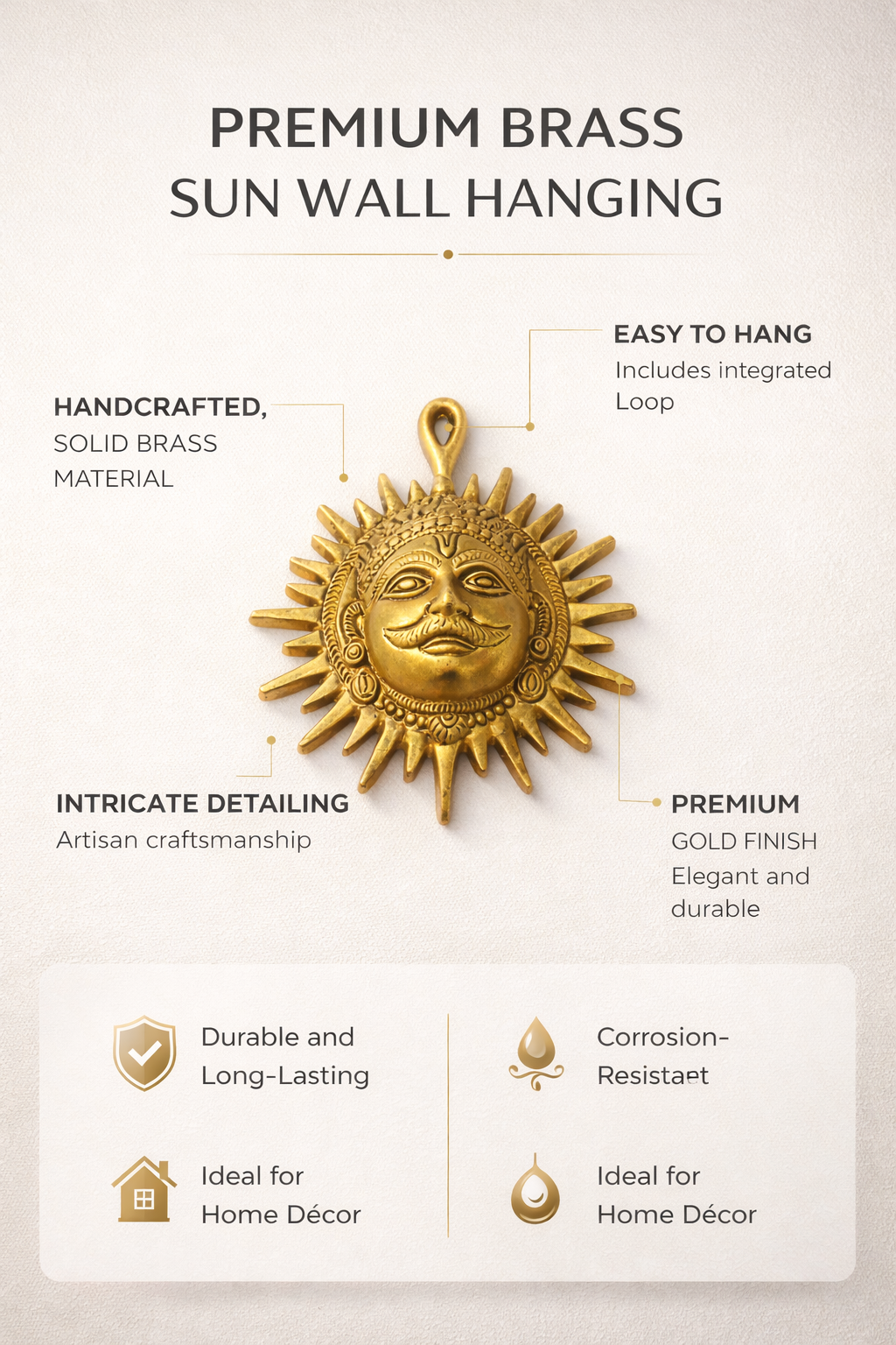 PeetalKraft Premium Brass Surya Dev Wall Hanging | Hindu Sun God Decorative Idol for Home, Office & Pooja Room | Vastu & Spiritual Wall Decor (14 cm, 300g)