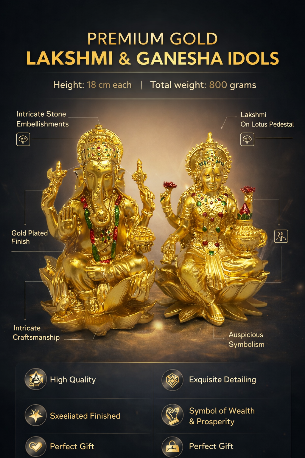 PeetalKraft Resin Lakshmi Ganesh Idol for Home Decor and Diwali, Size 6x5x18 cm, Weight 800 Grams