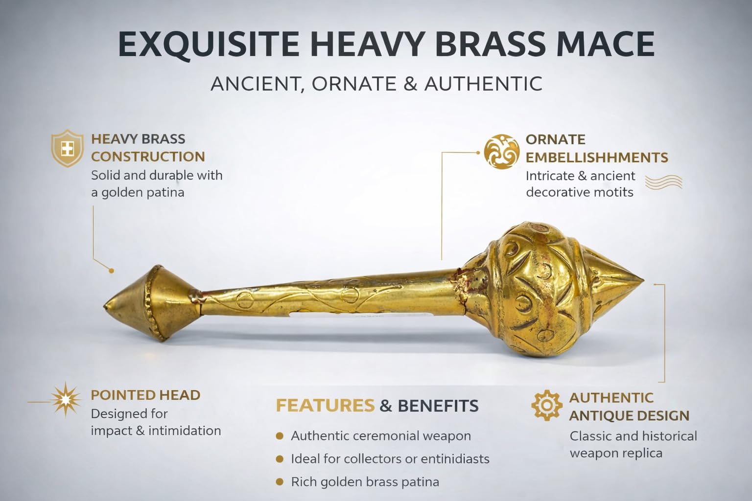 PeetalKraft  Brass Gada (Mace) Showpiece, Antique Golden Finish, Ornate Decorative Motifs, 20 cm, for Pooja Room, Temple & Home Decor