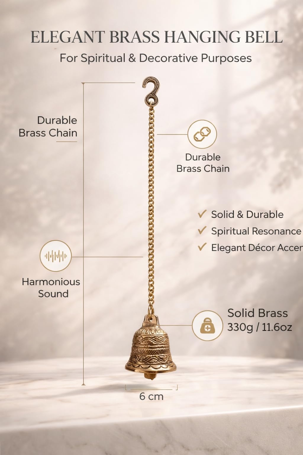 peetalkraft Pure Brass Hanging Temple Bell with Chain for Home Temple, Mandir & Puja Decor, 45 cm, Handcrafted Spiritual Gift for Housewarming, Diwali & Religious Occasions